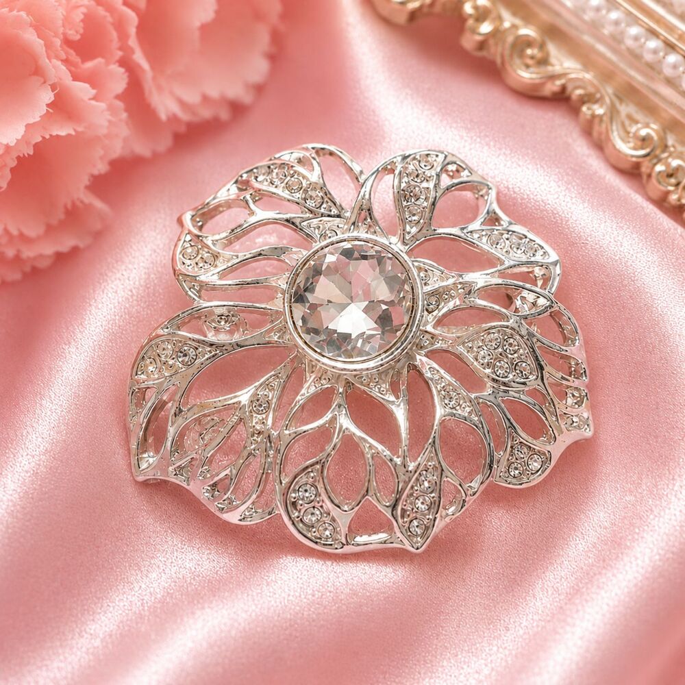 Silver Tone Clear Rhinestone Cluster Flower Brooch